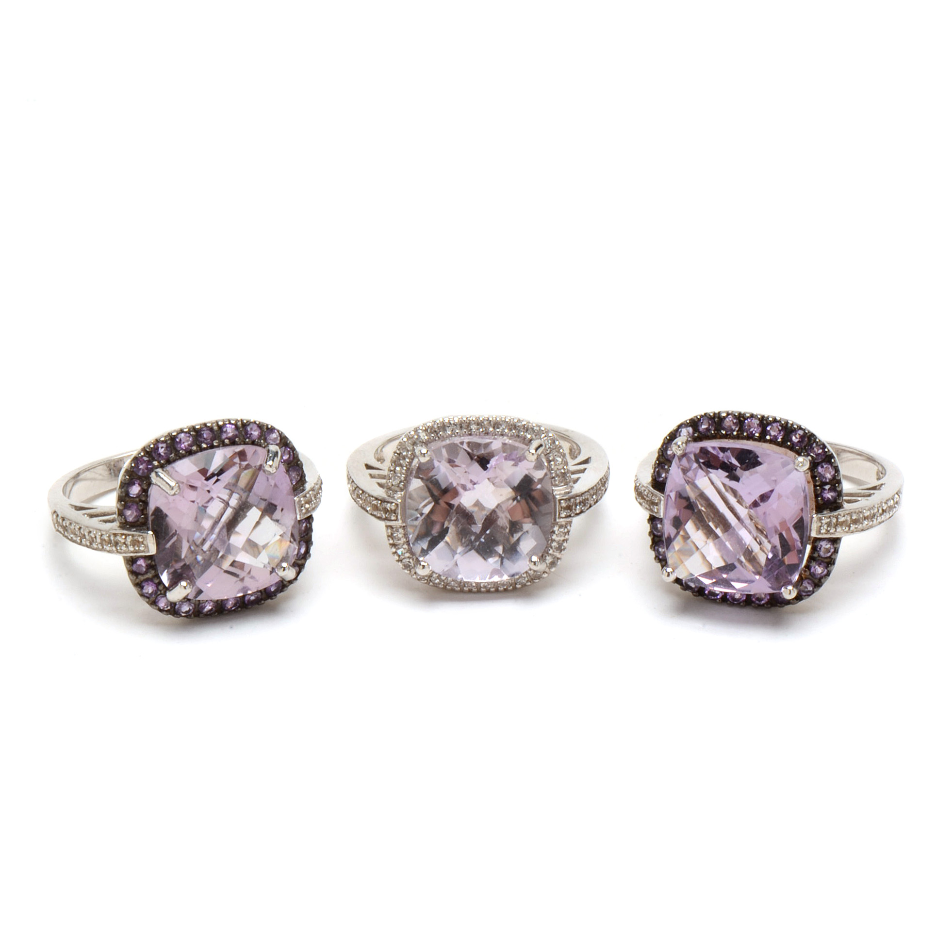 Three Sterling Amethyst Rings with White Topaz Accents