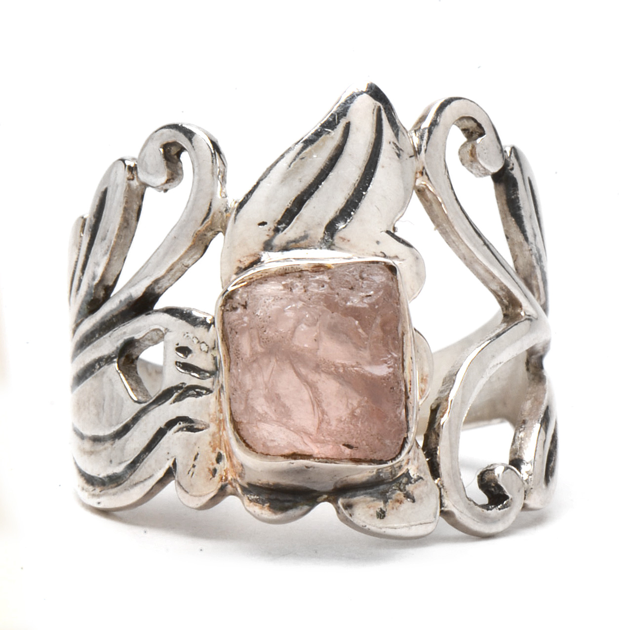 Sterling Silver Openwork Ring with Rough Cut Rose Quartz