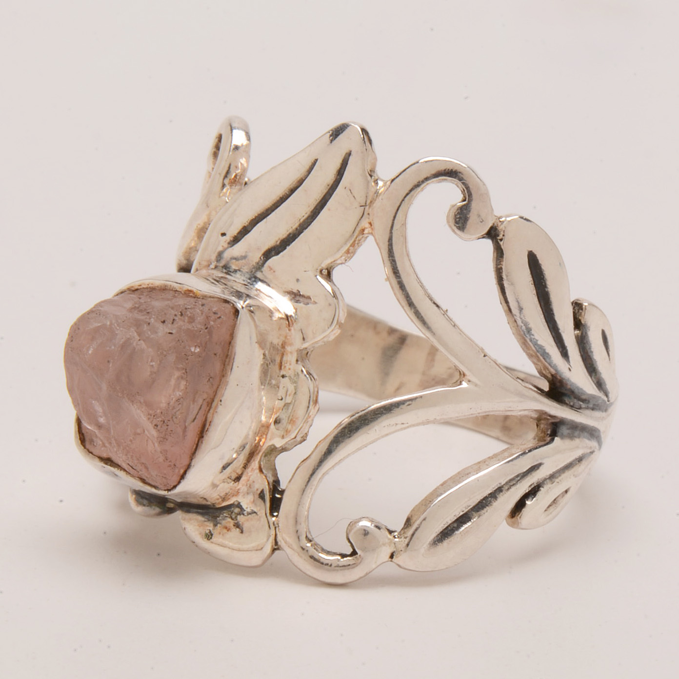 Sterling Silver Openwork Ring with Rough Cut Rose Quartz