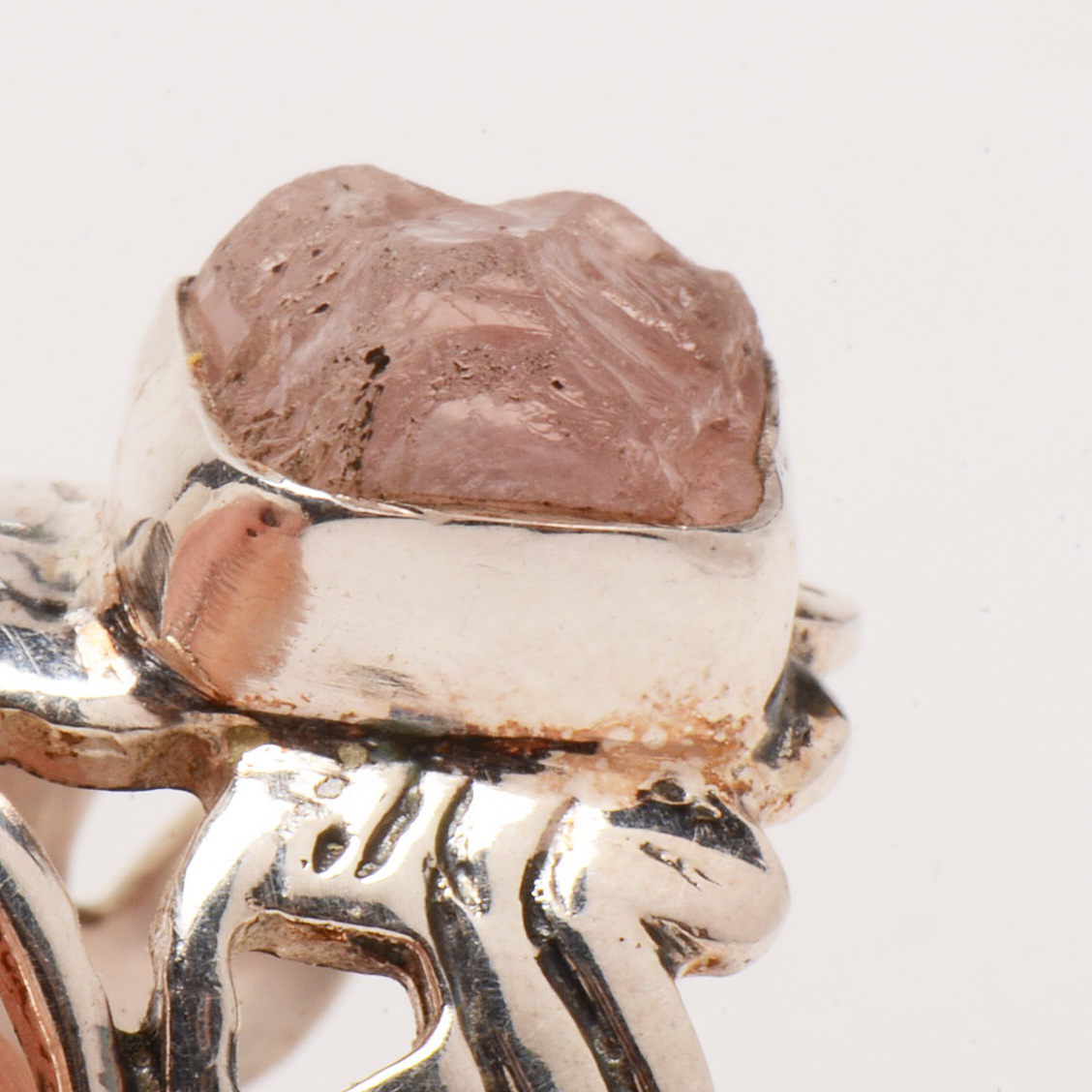 Sterling Silver Openwork Ring with Rough Cut Rose Quartz