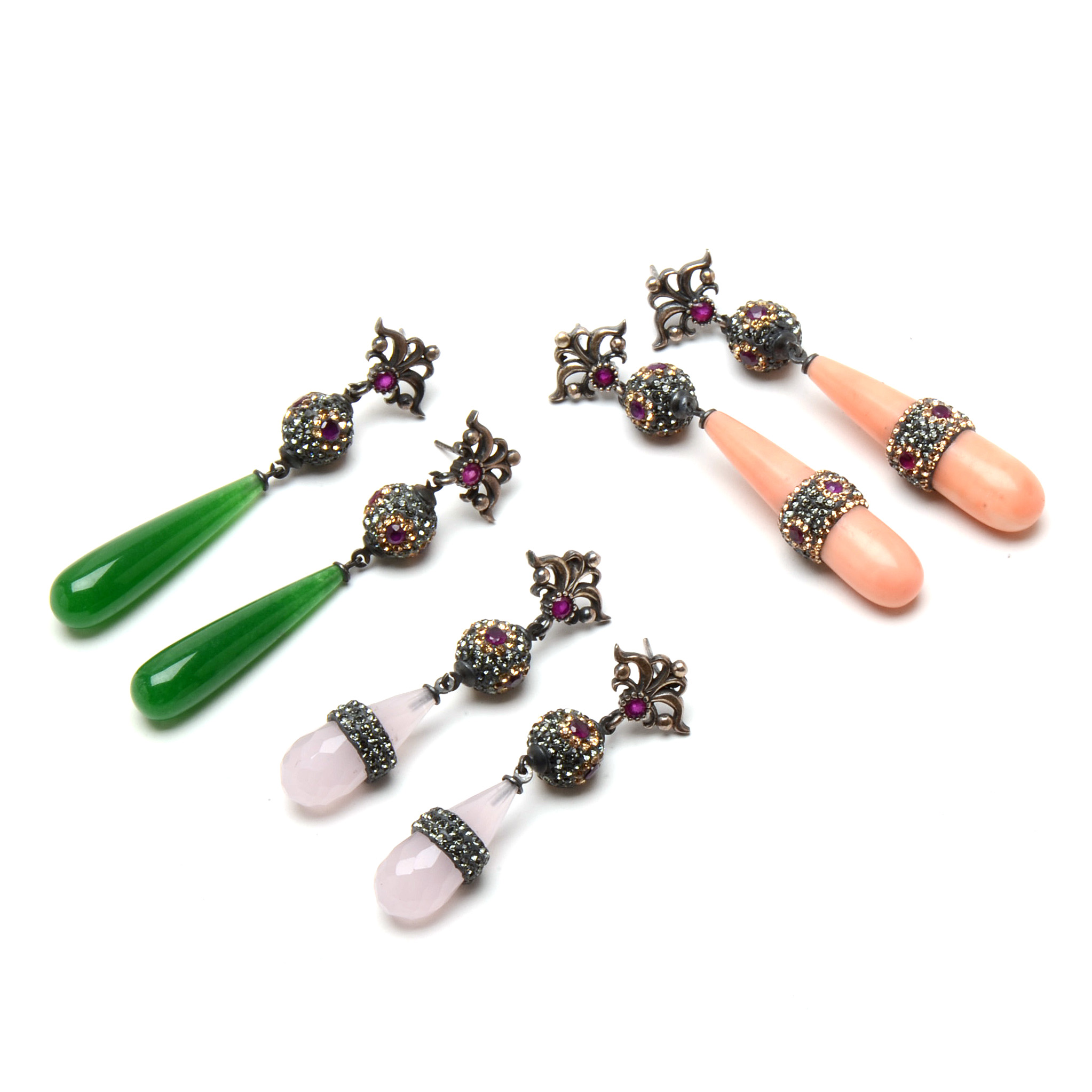 Three Pairs Stone Briolette Drop Earrings with Sterling Posts