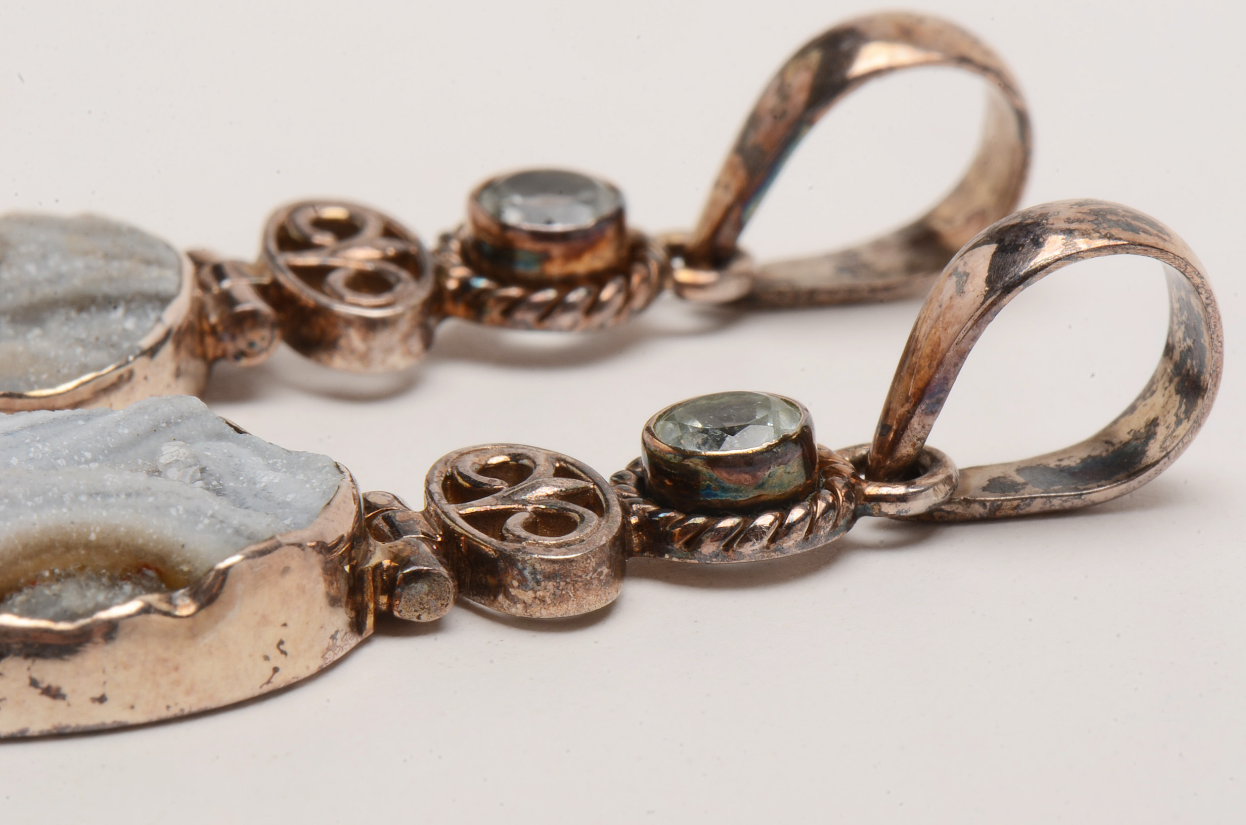 Two Sterling Slide Pendants Set with Druzy Quartz and Topaz