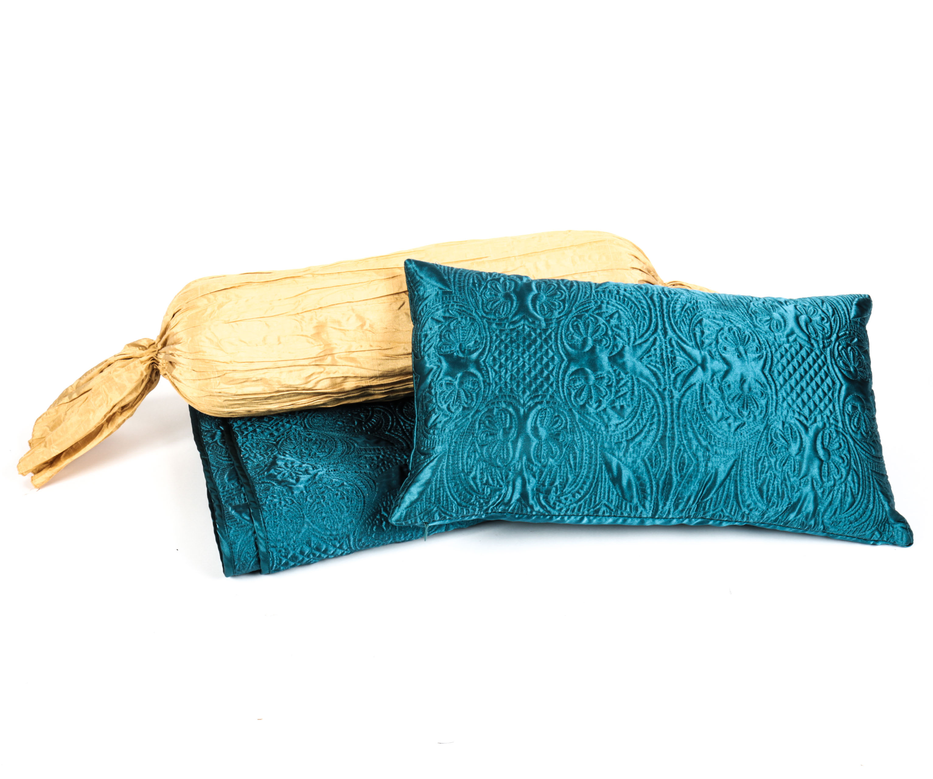 Teal Satin Quilted Throw and Pillows