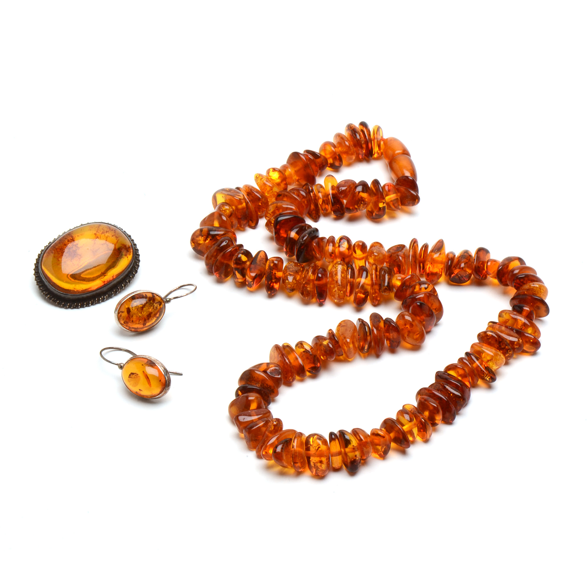 Amber Necklace with Earrings and Brooch in Sterling Settings