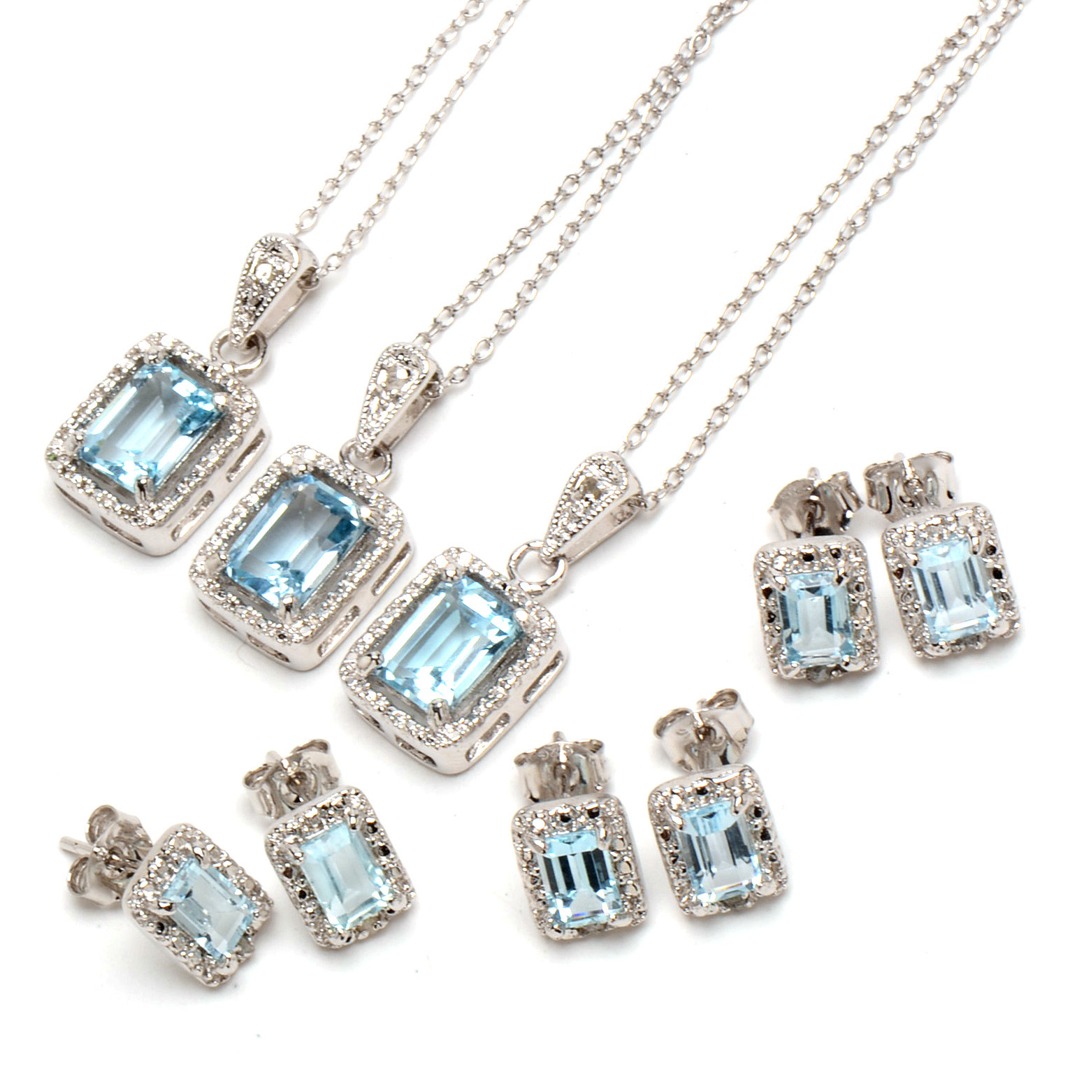 Sterling Blue Topaz and Diamond Necklace and Earring Sets