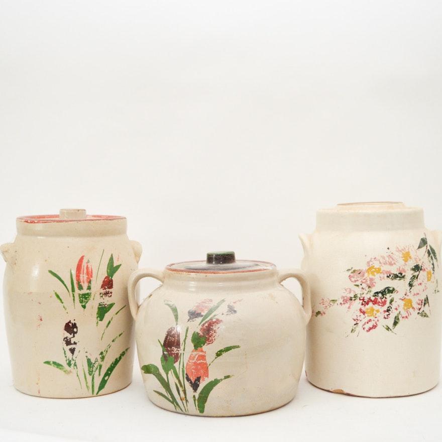 Set of Vintage Hand-Painted Stoneware Jars