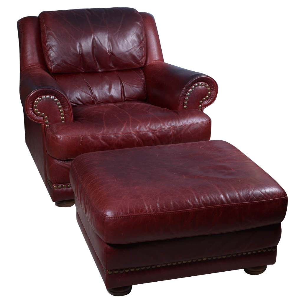 Natuzzi Burgundy Leather Armchair and Ottoman