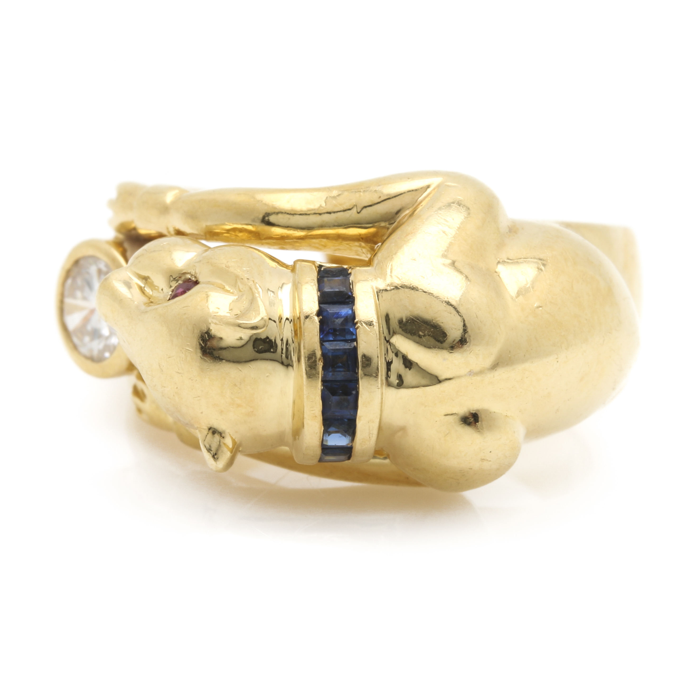 18K Yellow Gold Diamond, Ruby, and Sapphire Jaguar Ring