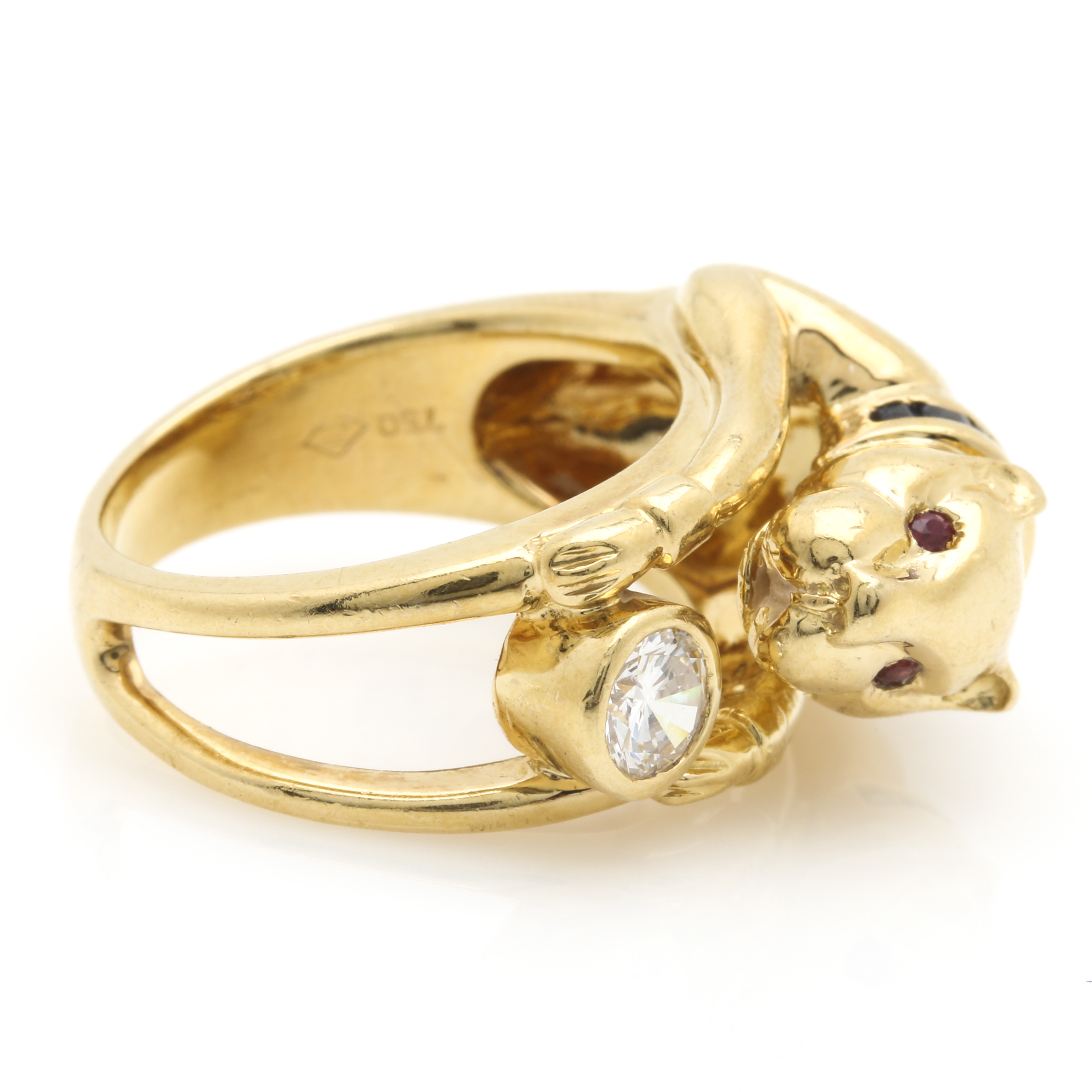 18K Yellow Gold Diamond, Ruby, and Sapphire Jaguar Ring