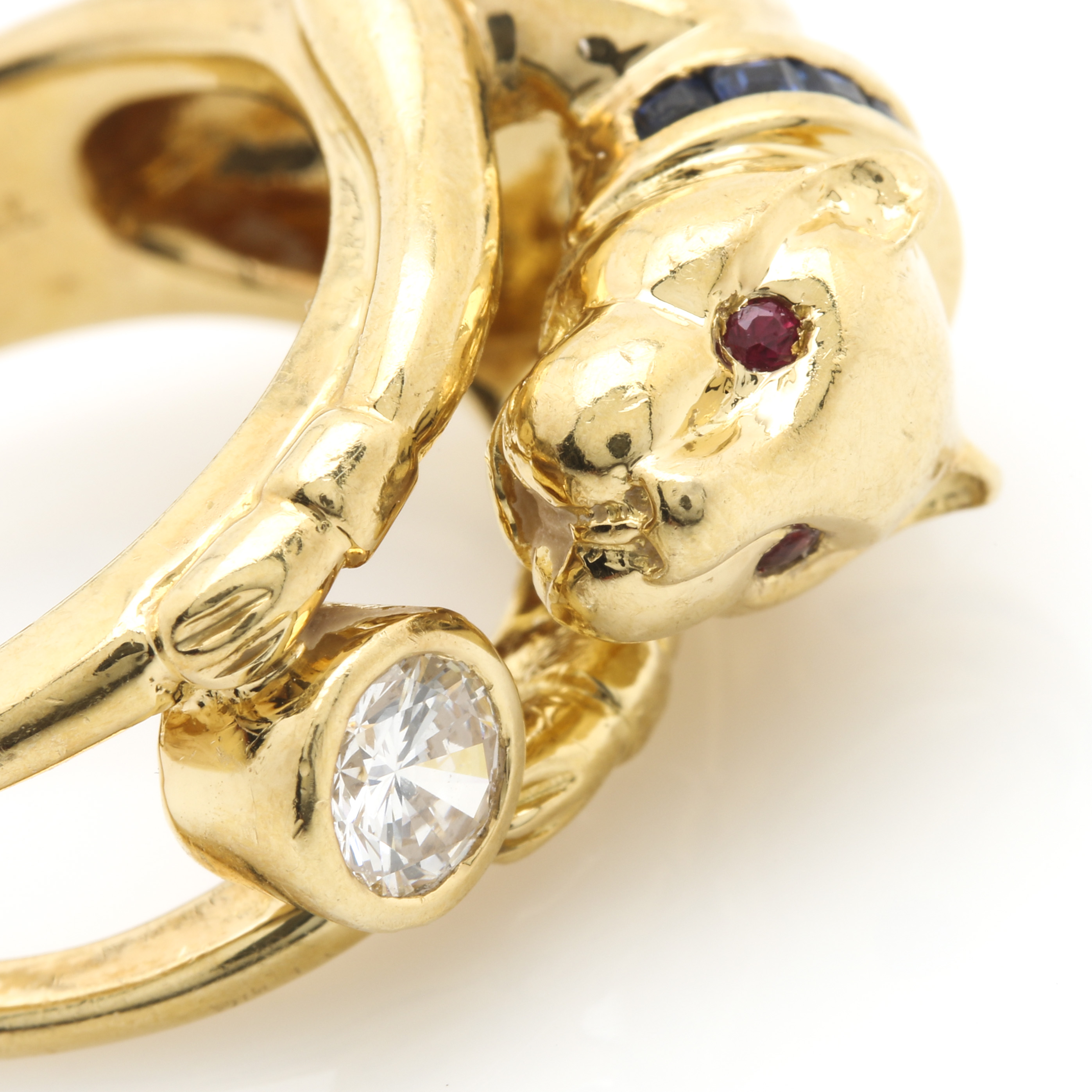 18K Yellow Gold Diamond, Ruby, and Sapphire Jaguar Ring