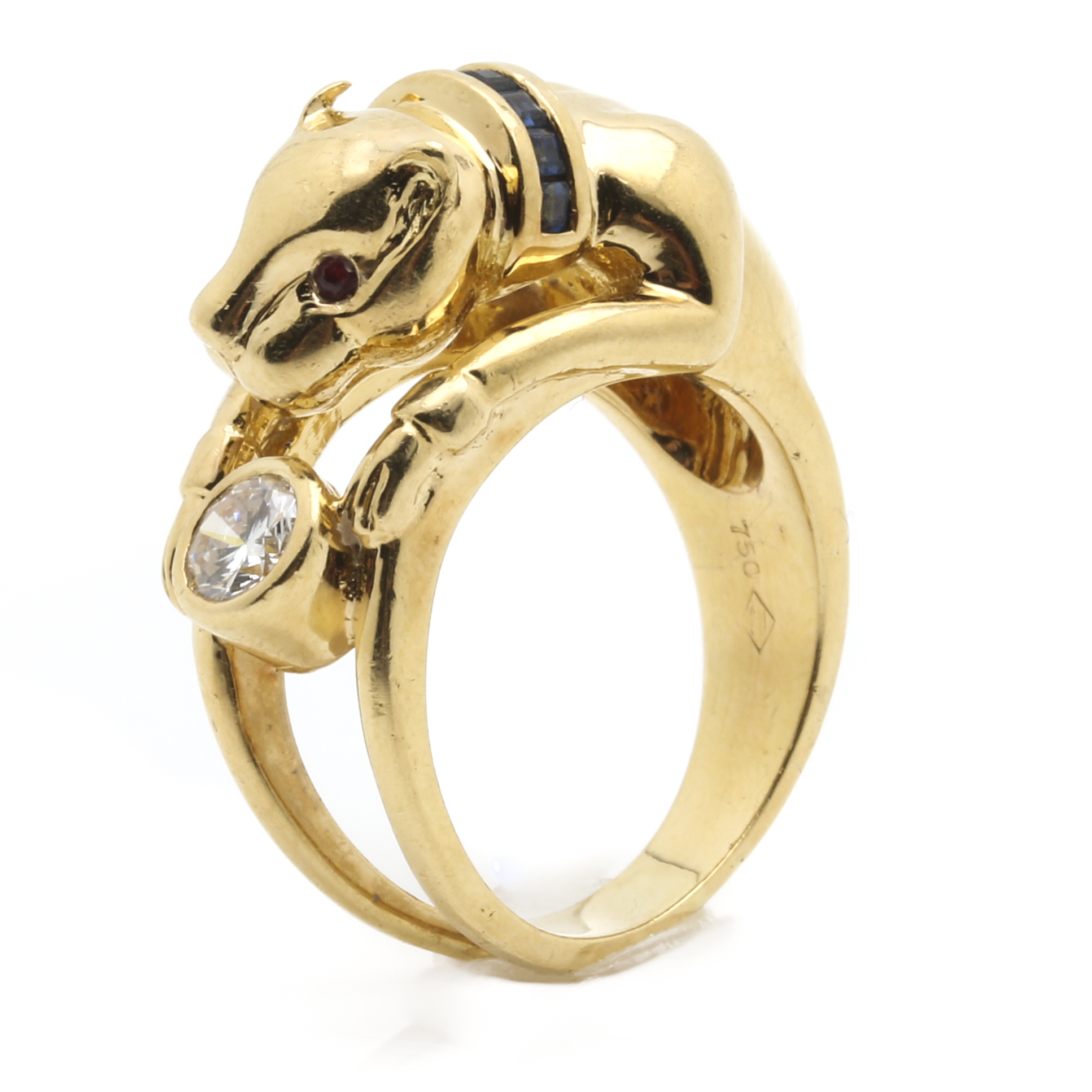 18K Yellow Gold Diamond, Ruby, and Sapphire Jaguar Ring