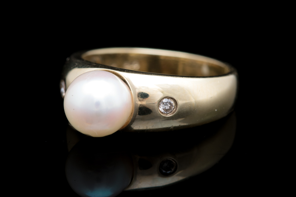 14K Yellow Gold, Pearl and Diamond Ring