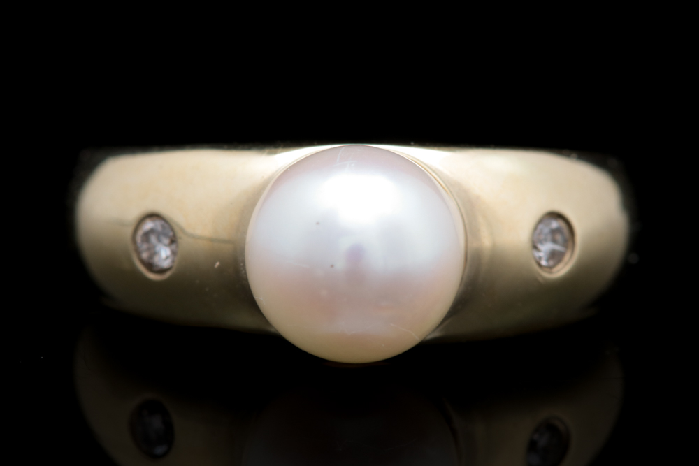 14K Yellow Gold, Pearl and Diamond Ring
