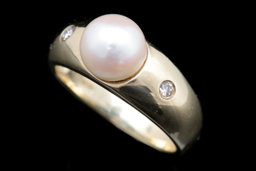 14K Yellow Gold, Pearl and Diamond Ring