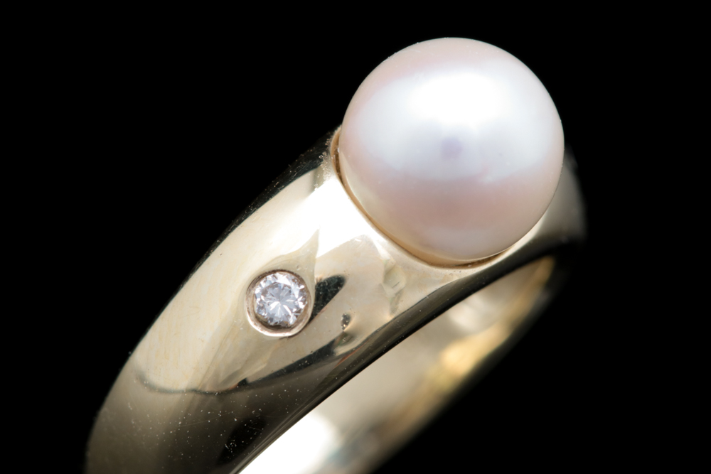 14K Yellow Gold, Pearl and Diamond Ring