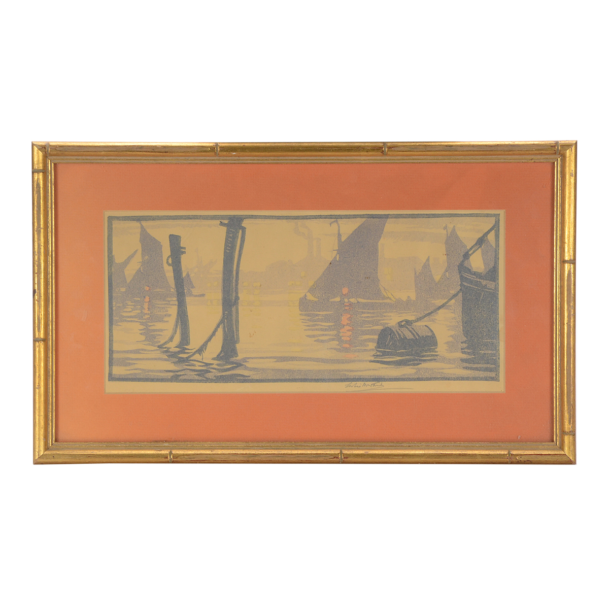 Leslie Moffat Ward Signed Original Harbor Scene Woodblock