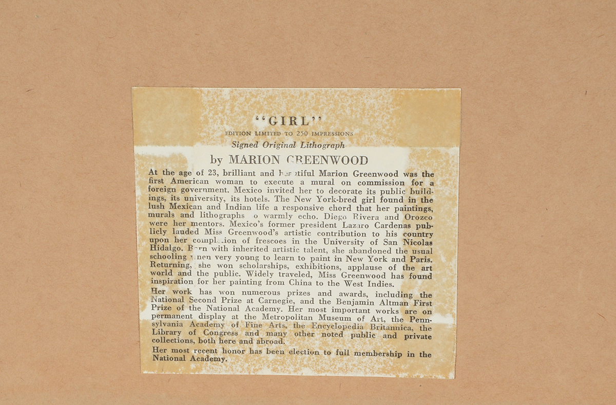 Marion Greenwood Signed Open Edition Reductive Lithograph "Girl"