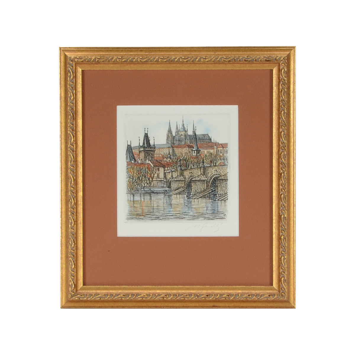 Signed Hand-Colored Etching of German Cityscape