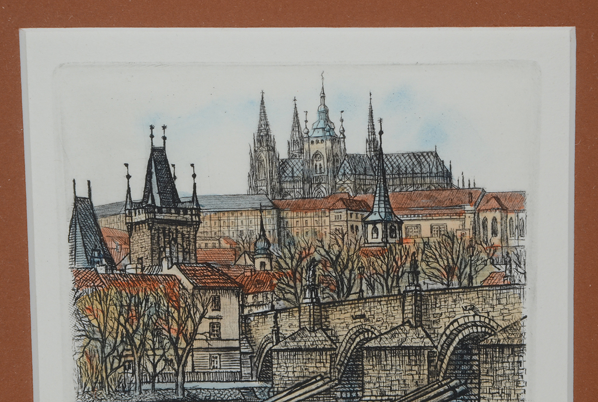 Signed Hand-Colored Etching of German Cityscape