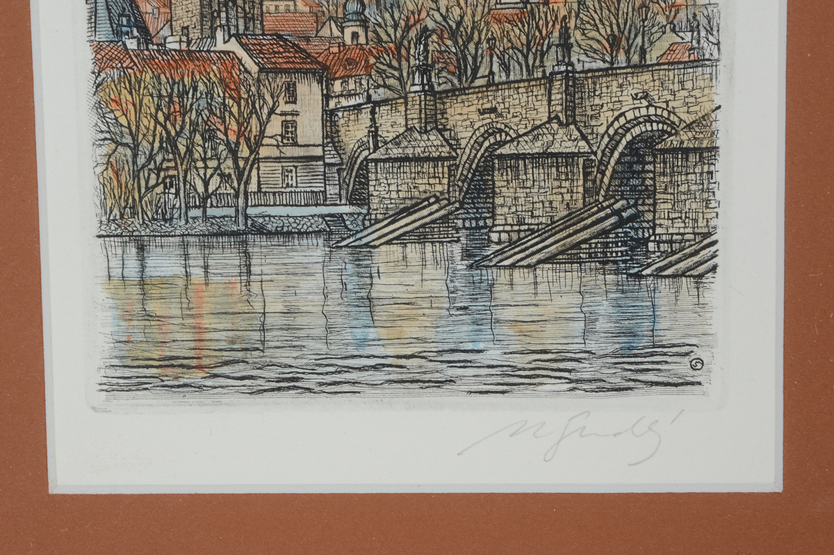 Signed Hand-Colored Etching of German Cityscape