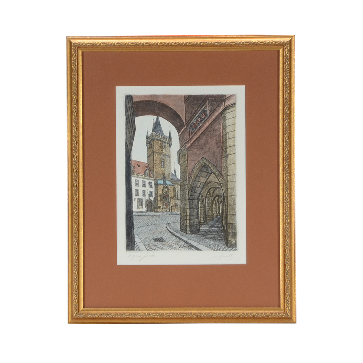 Signed Hand-Colored Etching of German Streetscape