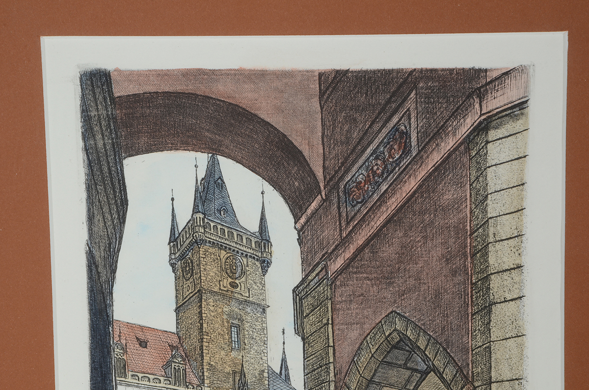 Signed Hand-Colored Etching of German Streetscape