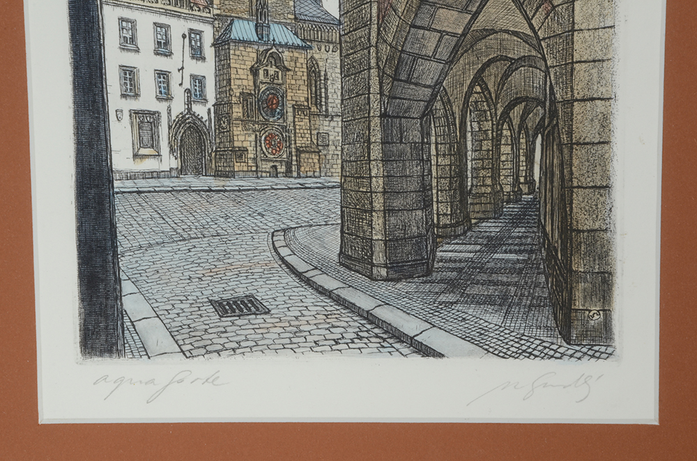Signed Hand-Colored Etching of German Streetscape
