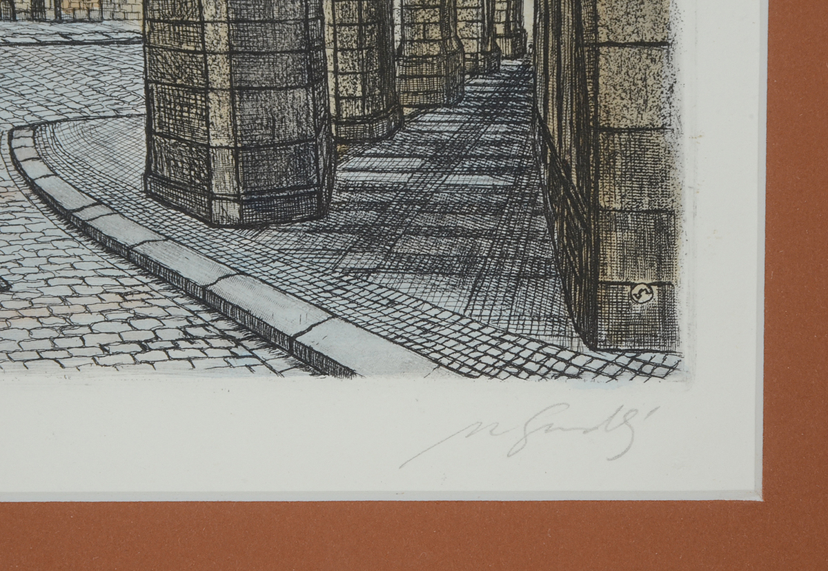 Signed Hand-Colored Etching of German Streetscape
