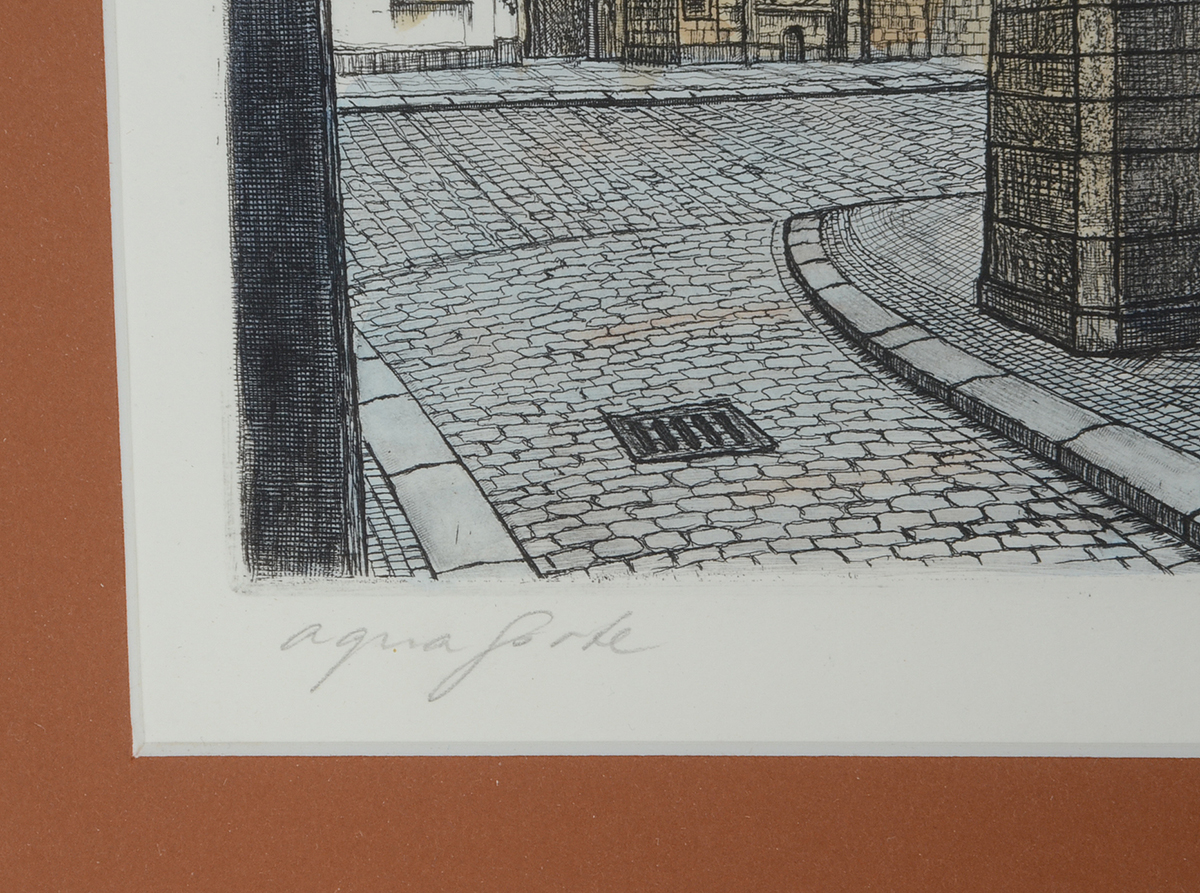Signed Hand-Colored Etching of German Streetscape