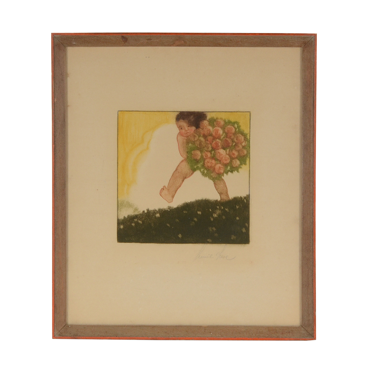 Signed Original Pastel Drawing of Putto with Bouquet of Roses