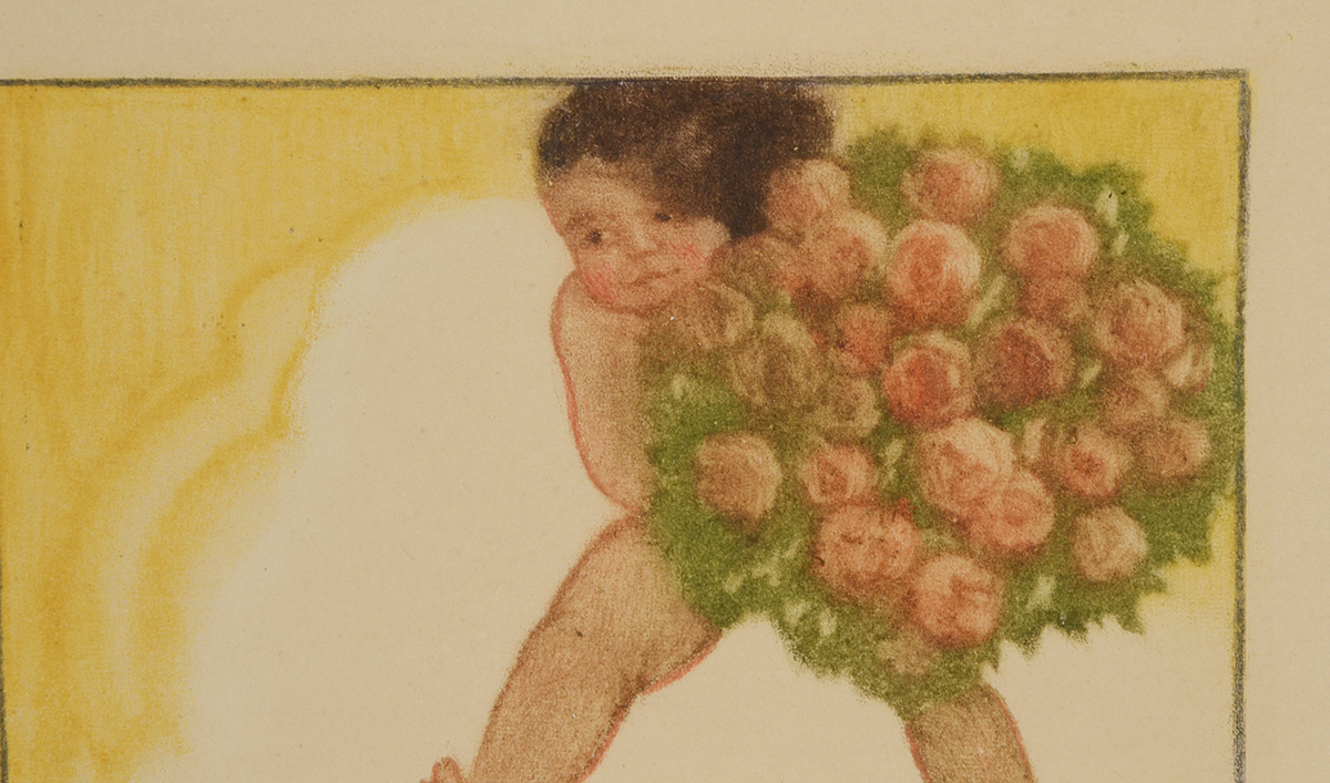 Signed Original Pastel Drawing of Putto with Bouquet of Roses