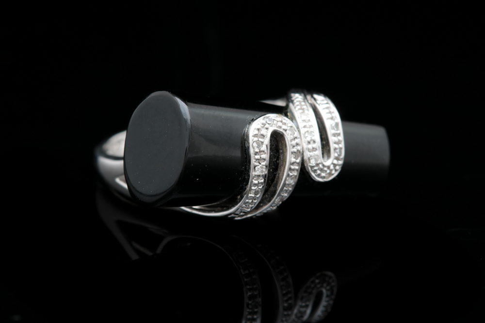 14K White Gold, Black Chalcedony and Diamond Ring