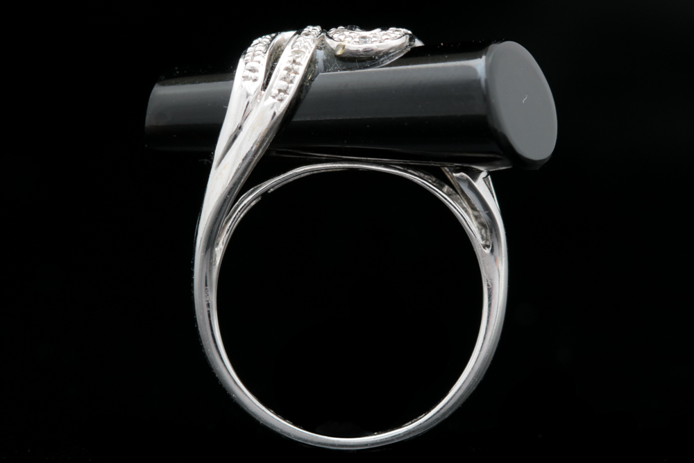 14K White Gold, Black Chalcedony and Diamond Ring