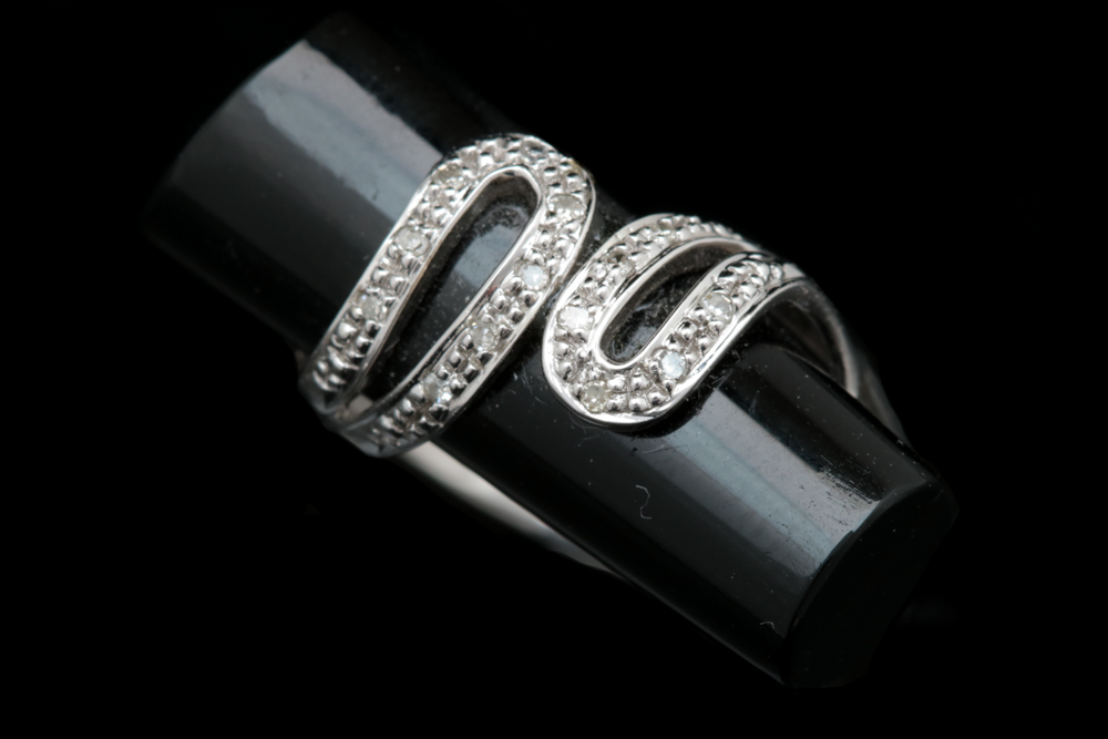 14K White Gold, Black Chalcedony and Diamond Ring