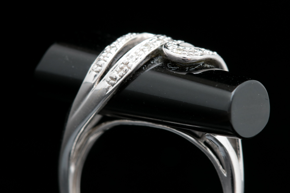 14K White Gold, Black Chalcedony and Diamond Ring