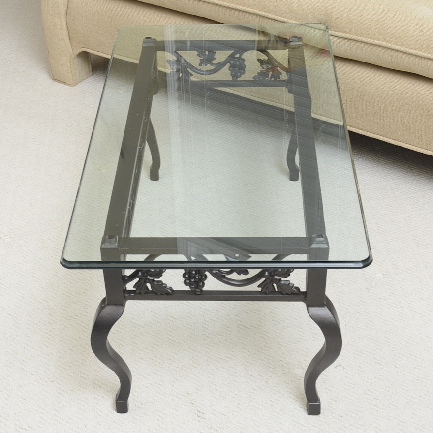 Grape Motif Wrought Iron Glass Top Coffee Table
