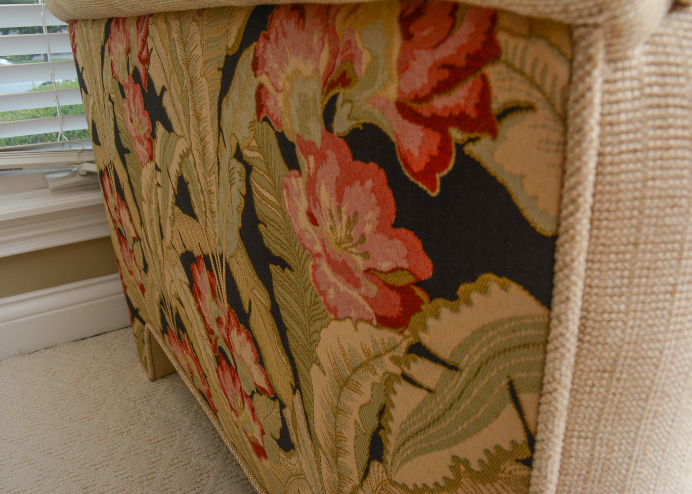 Custom Upholstered Beige and Floral Love Seat