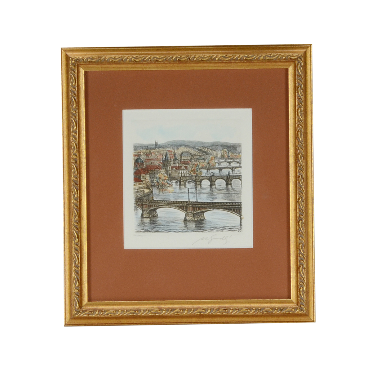 Signed Hand-Colored Etching of German Cityscape