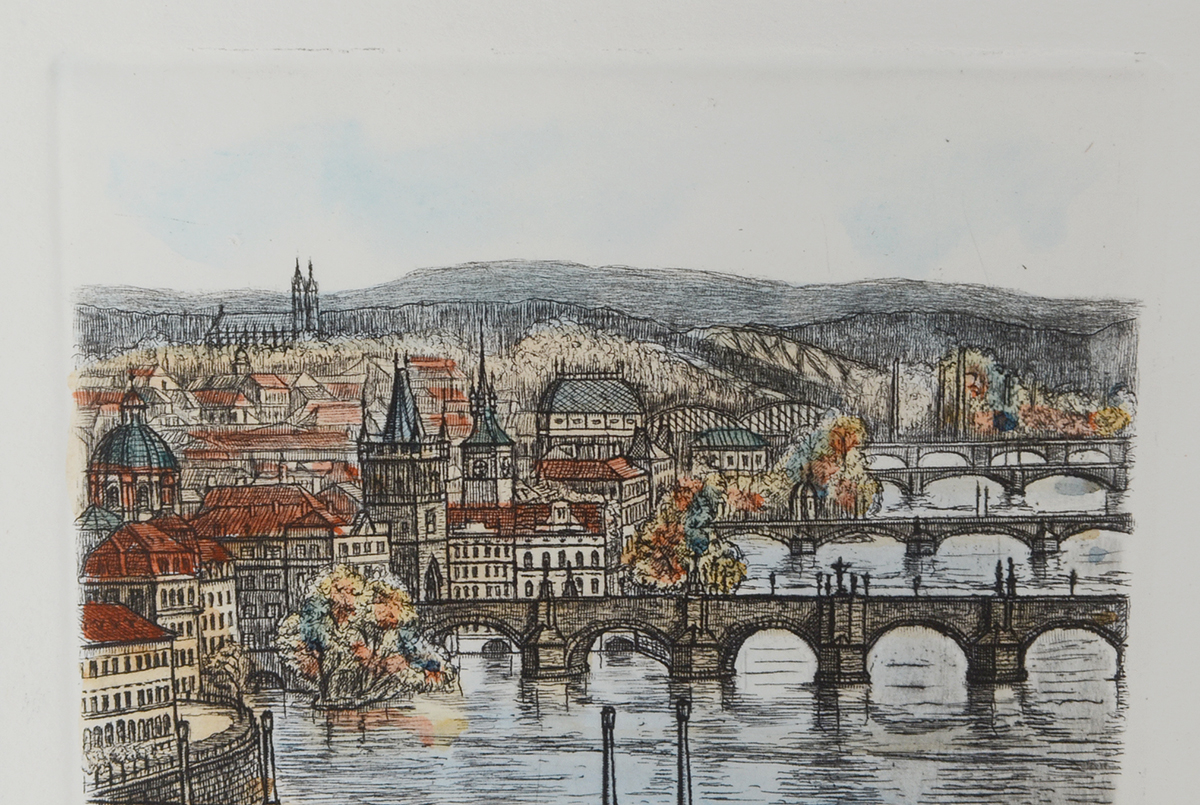Signed Hand-Colored Etching of German Cityscape