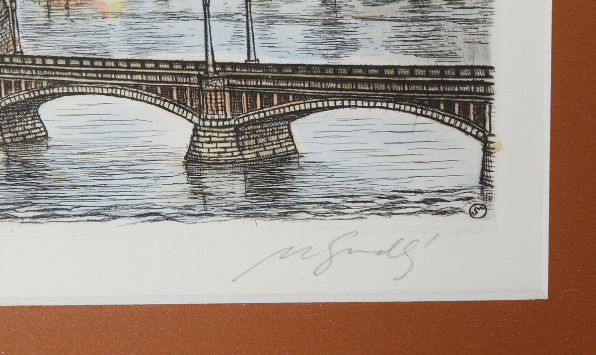 Signed Hand-Colored Etching of German Cityscape