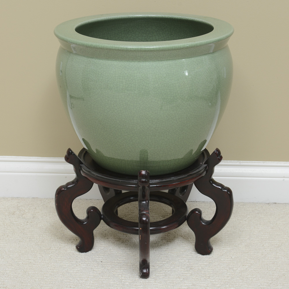 Celadon Planter with Wooden Stand