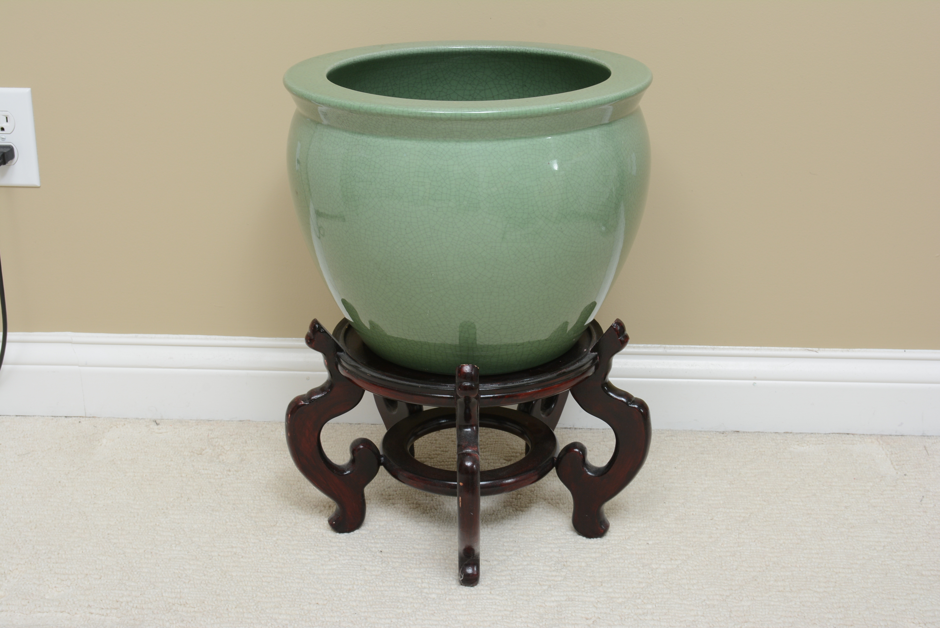 Celadon Planter with Wooden Stand