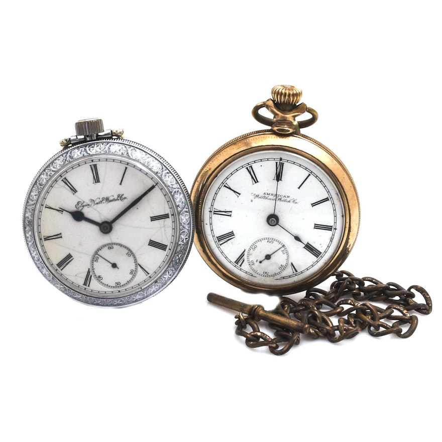 Pair of American Waltham Watch Co. and Elgin Gold Filled and Silver Tone Pocket Watches