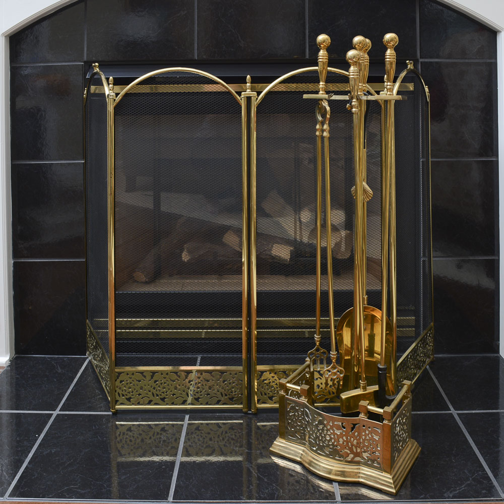 Brass Fireplace Tools and Screen