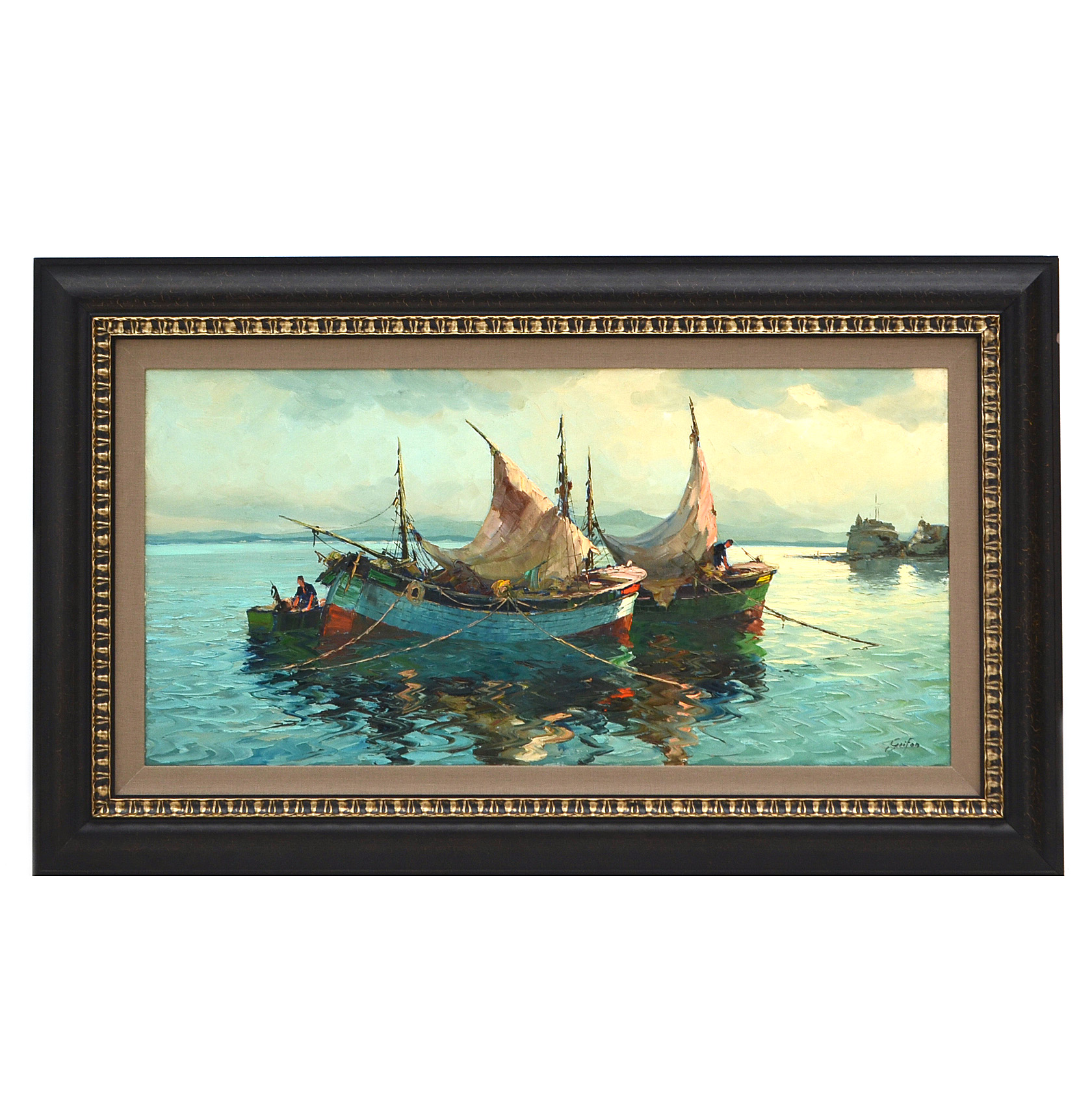 Albert Grifon Original Alla Prima Oil Harbor Scene on Canvas