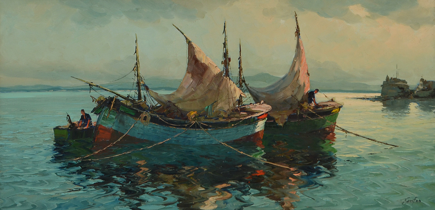 Albert Grifon Original Alla Prima Oil Harbor Scene on Canvas