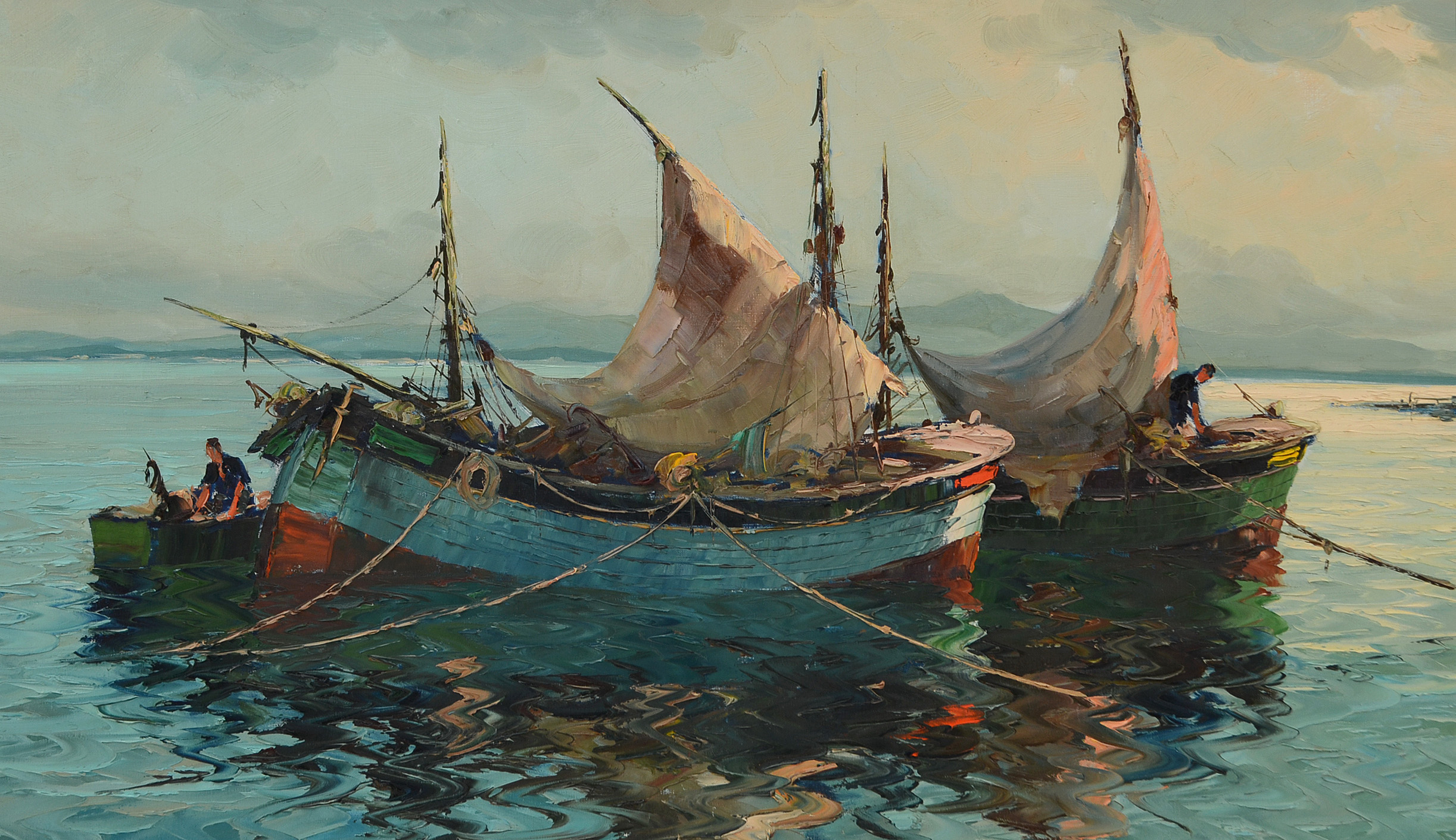 Albert Grifon Original Alla Prima Oil Harbor Scene on Canvas