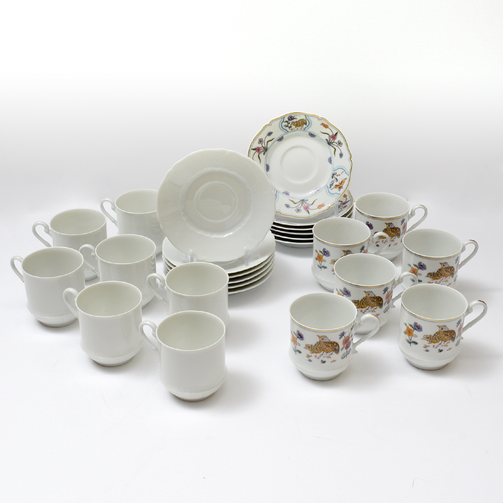 Haviland Limoges "Choiseul Blanc" and "Golden Quail" Teacups and Saucers for Twelve