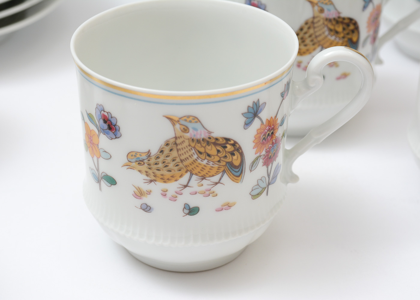 Haviland Limoges "Choiseul Blanc" and "Golden Quail" Teacups and Saucers for Twelve