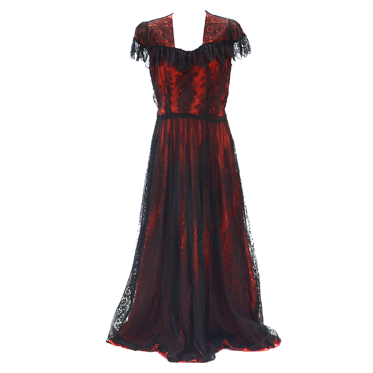 Circa 1930s Black and Red Lace Gown